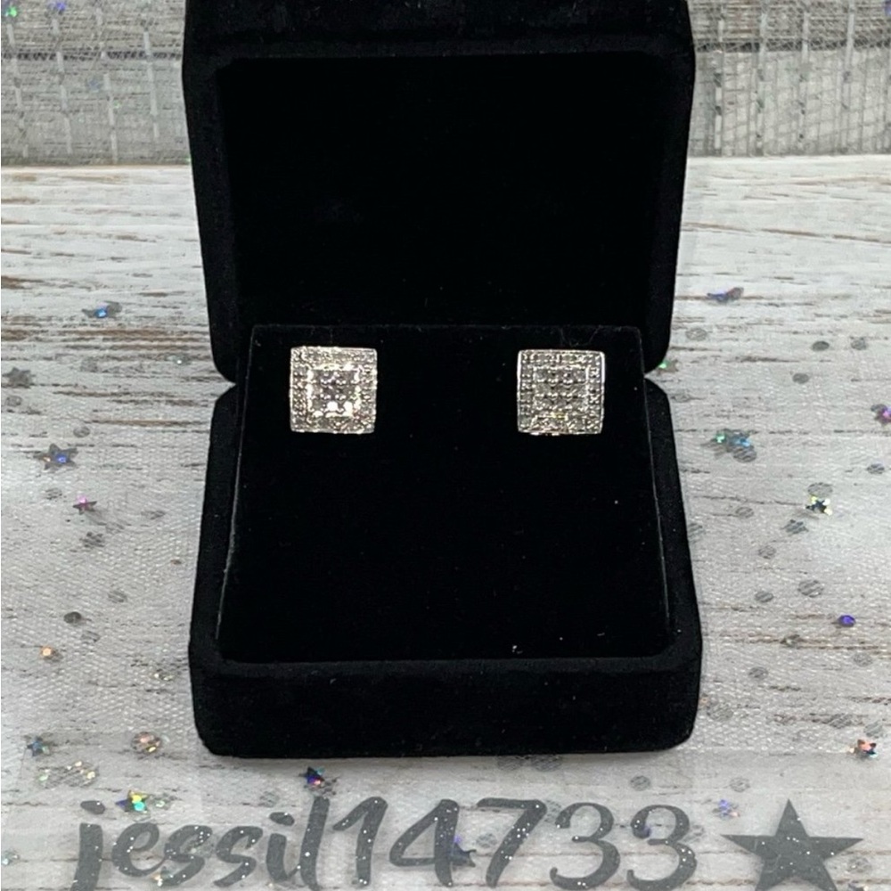 Real Diamond Earrings, Round Cut Into Squares Studs 1 CTW. 925 St. Silver *NWOT*